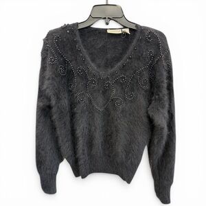 Vintage Essential Elements Furry Beaded black V-Neck Angora Blend Sweater  XS